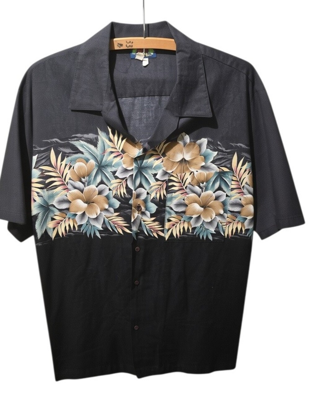 Hawaii Blues Hawaiian Shirt Mens L Black Tropical Floral Made in Hawaii